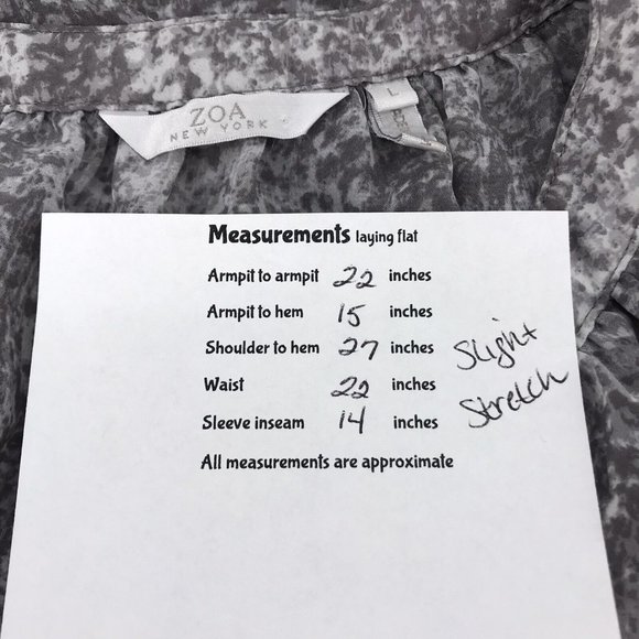 Zoa New York Boho Peasant Blouse L Gray Snakeskin Long Sleeve V Neckline Sheer - Picture 9 of 9